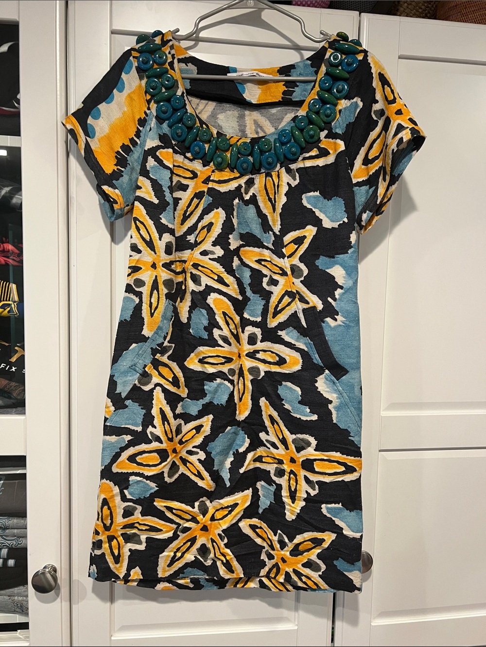 Short Sleeve Floral Print Dress with Teal Beaded Neckline - Blue & Yellow